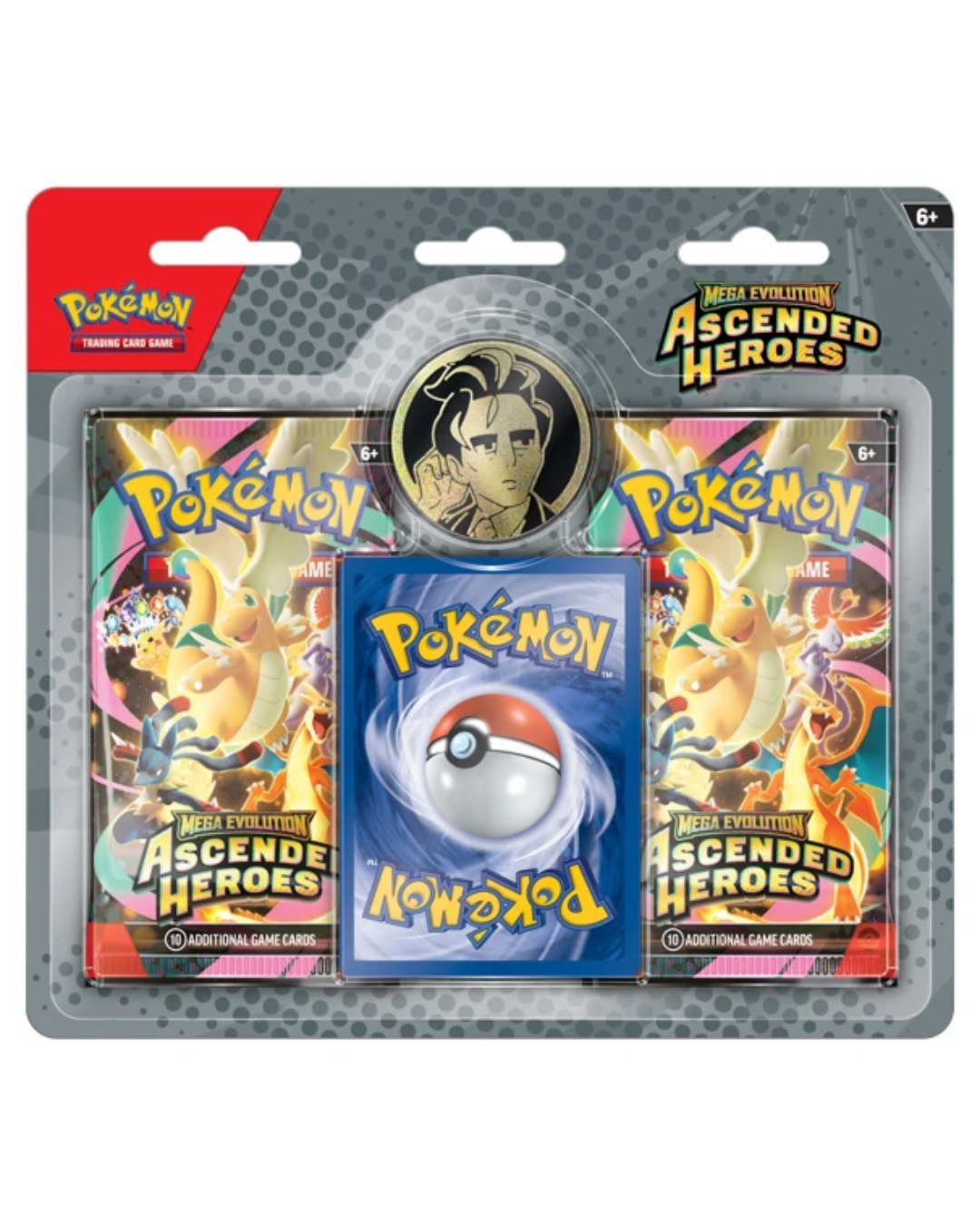 Pokémon Mega Evolution Ascended Heroes booster pack set in its original blister card packaging, featuring two booster packs and a card sleeve.
