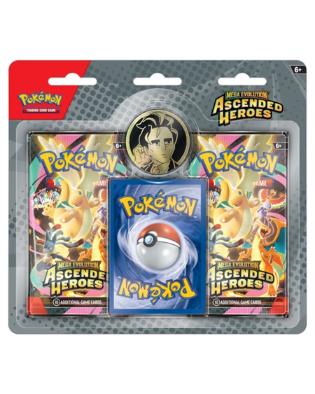 Pokémon Mega Evolution Ascended Heroes booster pack set in its original blister card packaging, featuring two booster packs and a card sleeve.