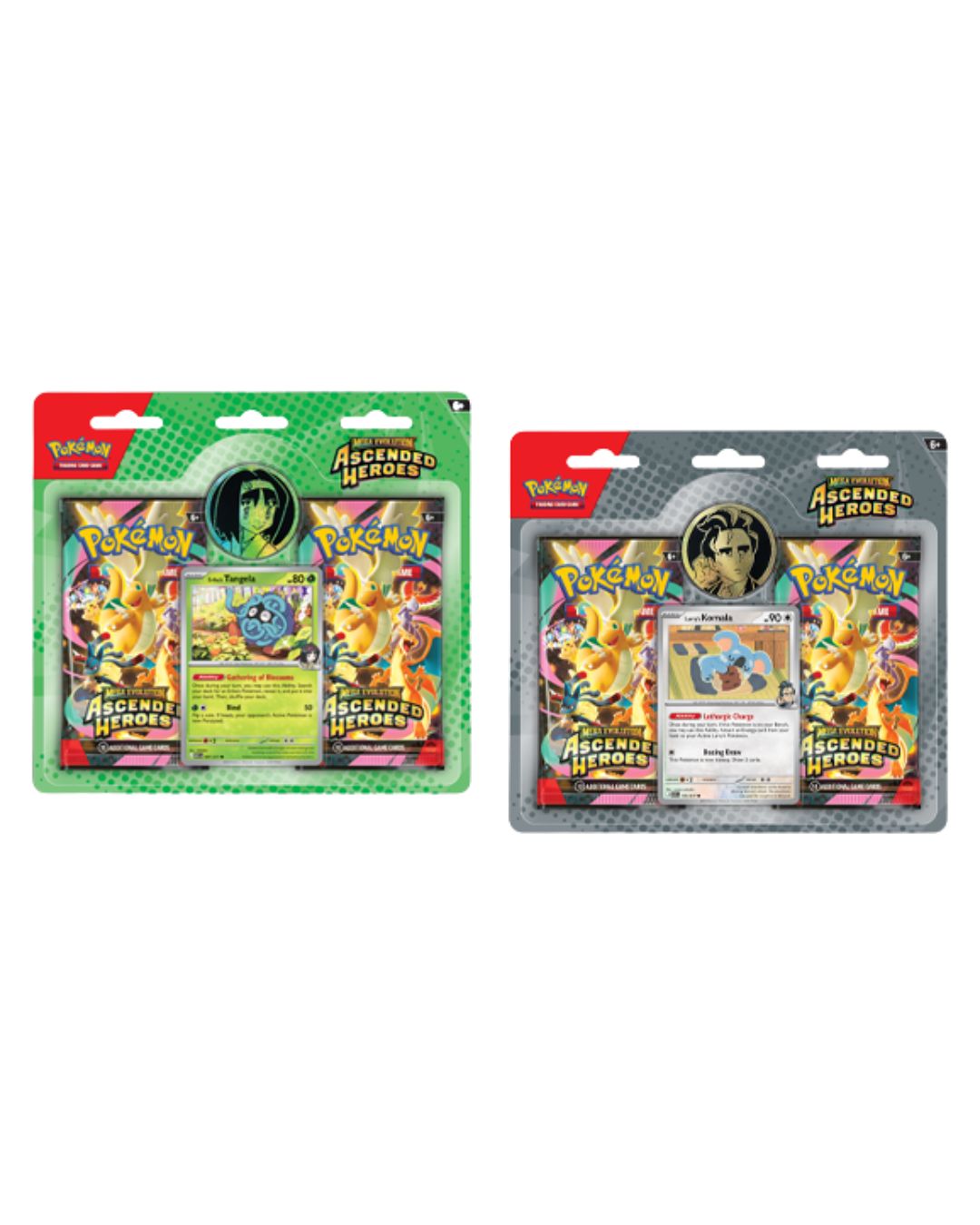 Two Pokémon Ascended Heroes card packs in retail blister packaging, shown side by side on a plain white background. The left pack has a green and red design with yellow/orange illustrated card art, and the right pack has a gray and red design with similar colorful card art.