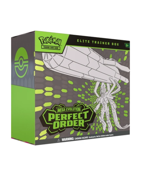Pokémon TCG Game Elite Trainer Box Perfect Order Mega Evolution box packaging, featuring a gray and green design with a Pokémon logo and a line-art illustration of a trainer ship.