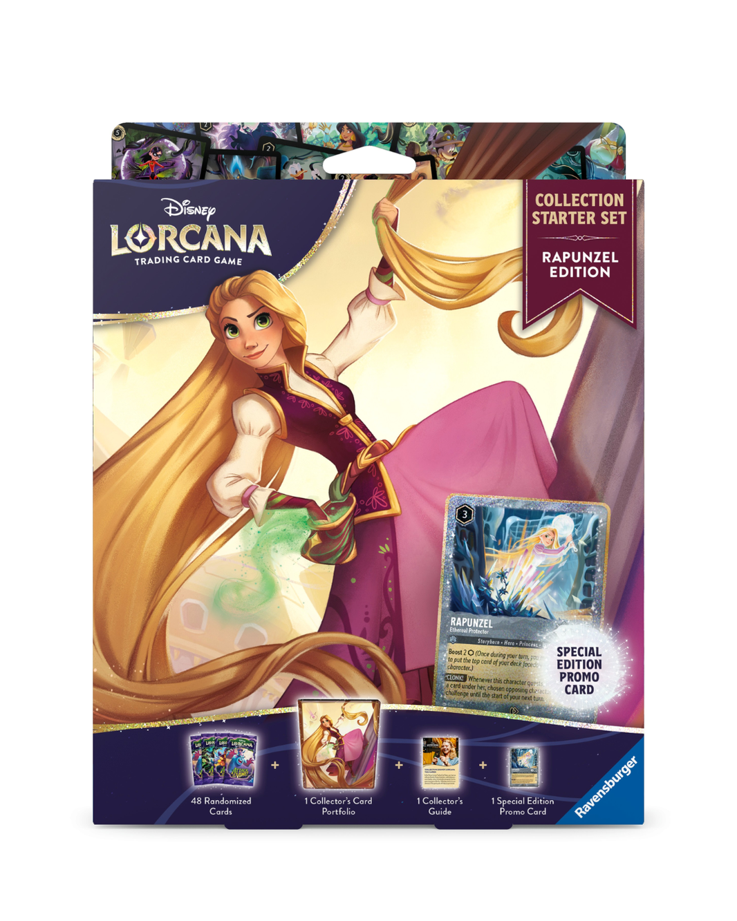 Disney Lorcana Rapunzel Edition collection starter set card game in its original retail packaging, featuring Rapunzel artwork and a sample card on the front.