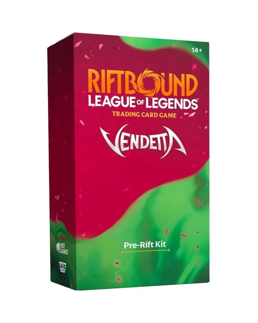 Vendetta Riftbound League of Legends trading card game pre-Rift kit box, featuring a vibrant magenta and green design with white and orange text.