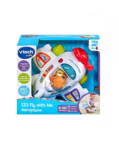 Vtech 123 Fly with Me Aeroplane toy in its original blue and white retail packaging, featuring a white toy airplane with colorful buttons and a red propeller.
