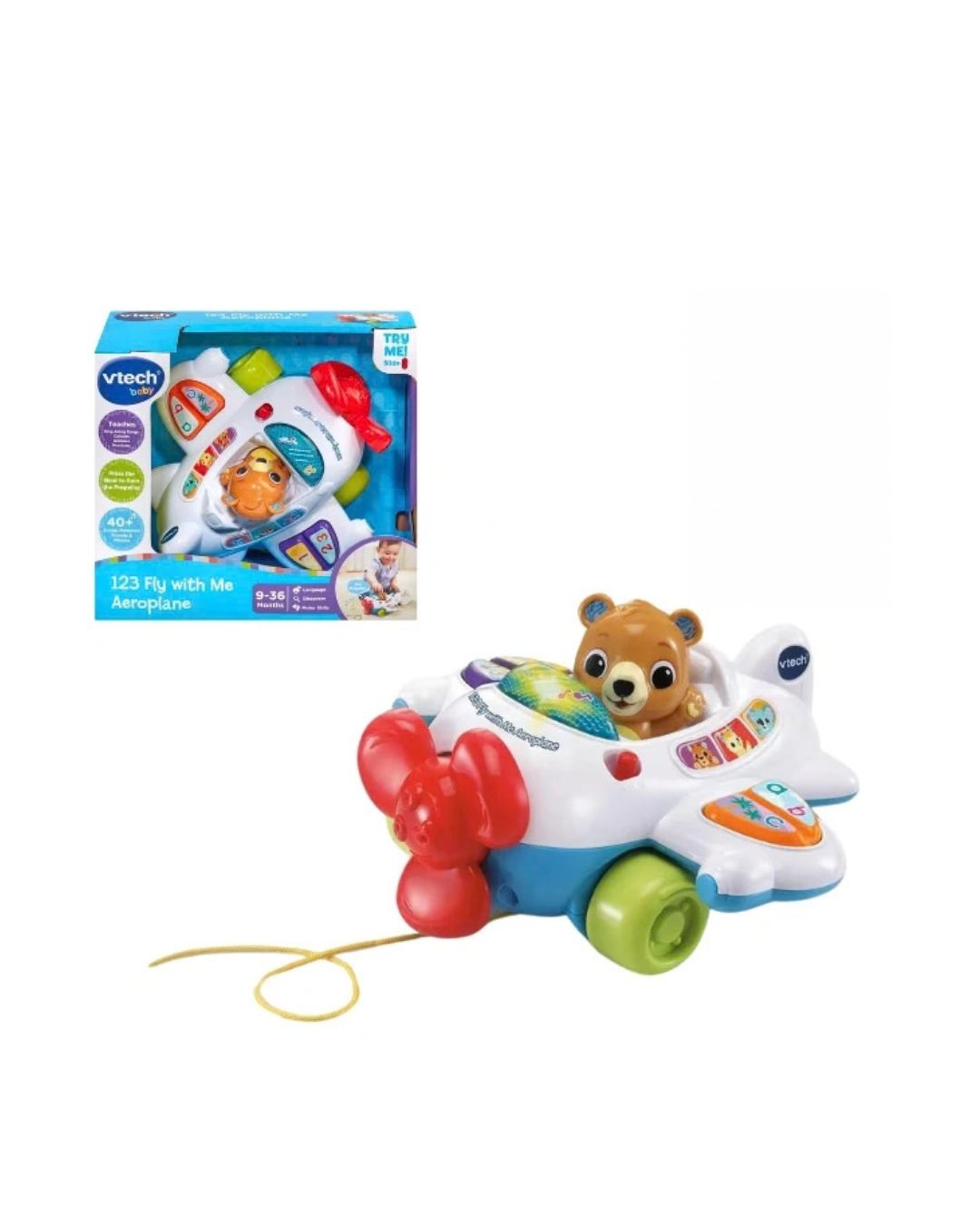 Vtech 123 Fly with Me Aeroplane toy shown with its retail packaging box on a plain white background. The toy features a white body, a red propeller, green wheels, and a brown bear character in the cockpit.