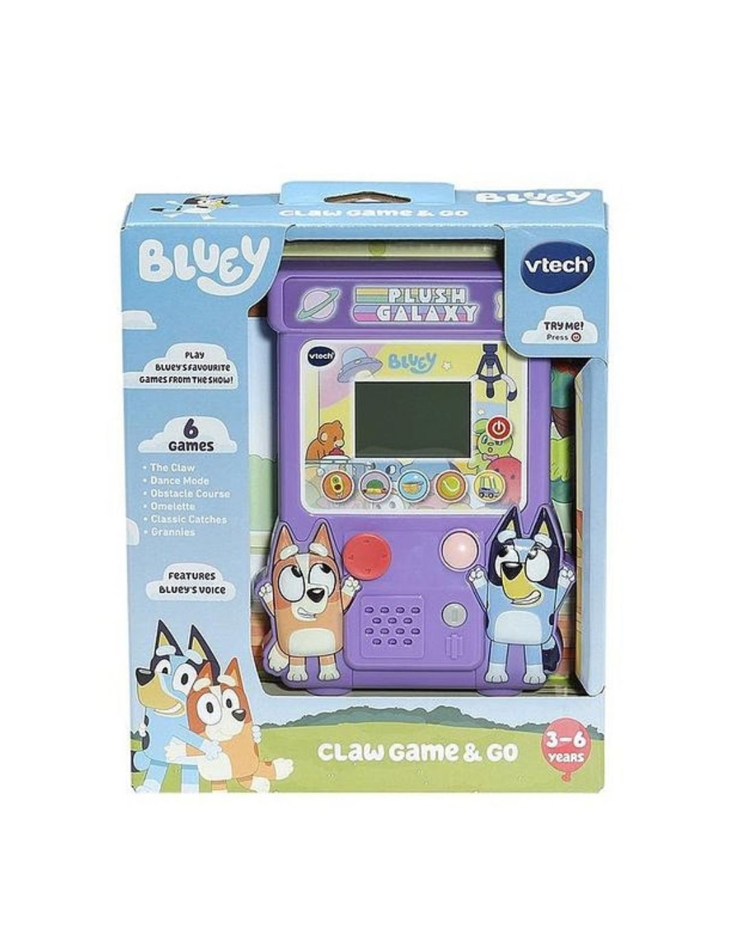 Vtech Bluey Claw Game In its original retail packaging, featuring the claw game with a variety of six games situated on a white background.