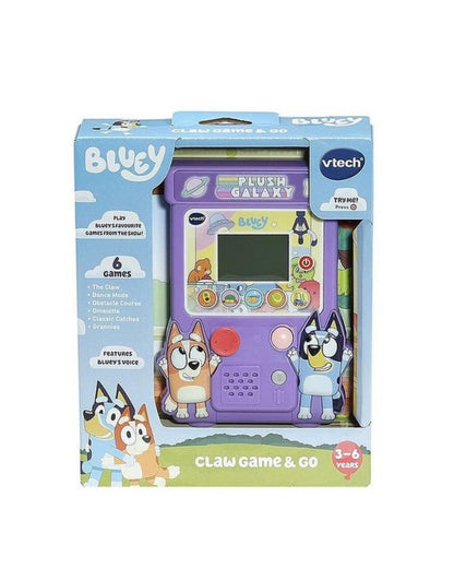 Vtech Bluey Claw Game In its original retail packaging, featuring the claw game with a variety of six games situated on a white background.