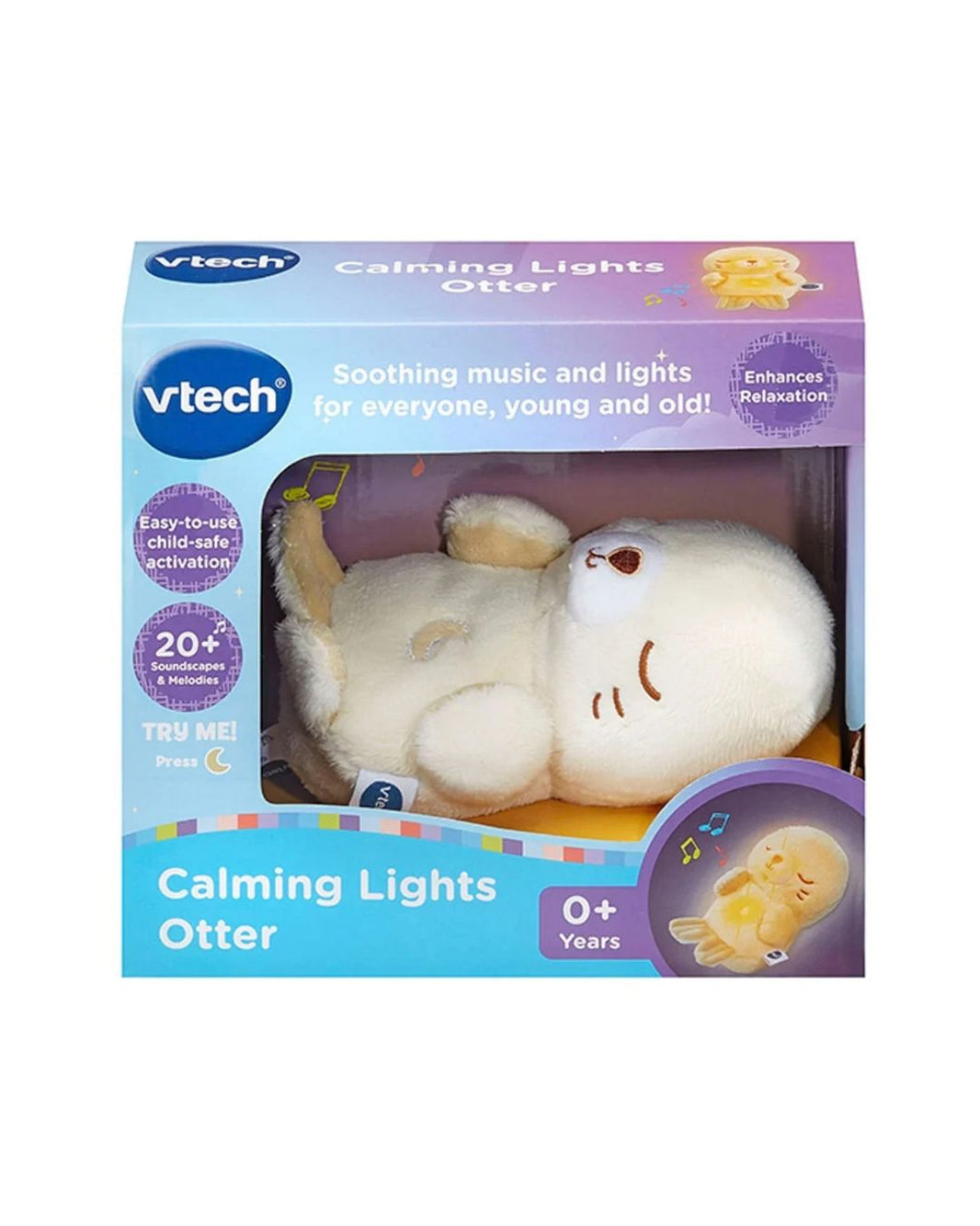 Vtech Calming Lights Otter toy in its retail packaging, featuring a plush white otter toy.
