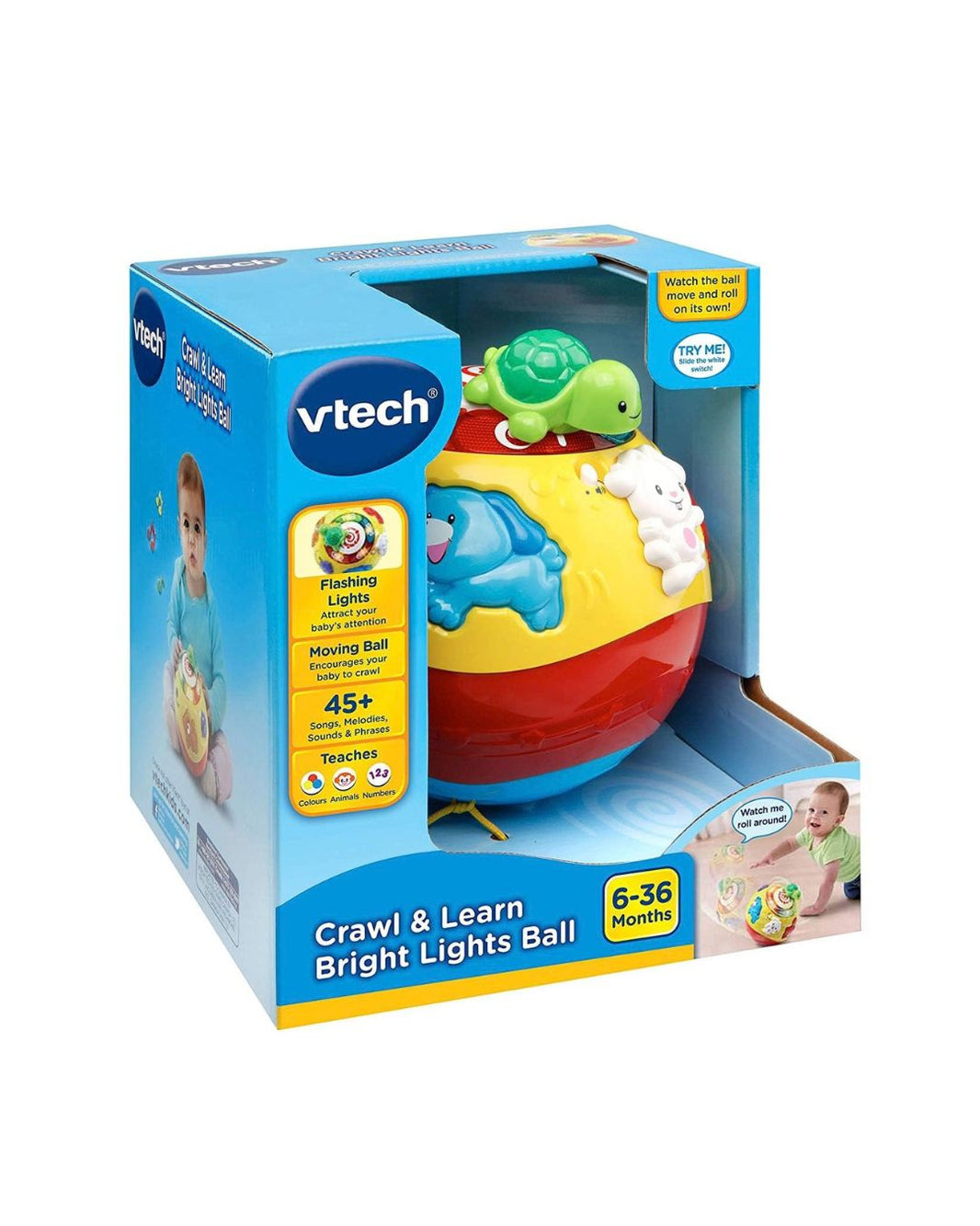 Vtech Crawl & Learn Bright Lights Ball toy in its original blue and yellow retail packaging, featuring a red and yellow ball with blue and green animal figures.