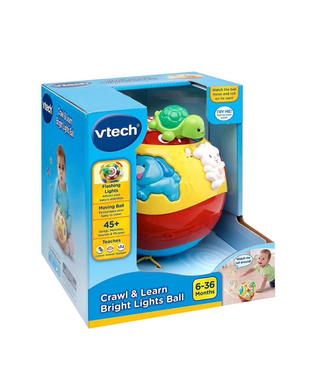 Vtech Crawl & Learn Bright Lights Ball toy in its original blue and yellow retail packaging, featuring a red and yellow ball with blue and green animal figures.