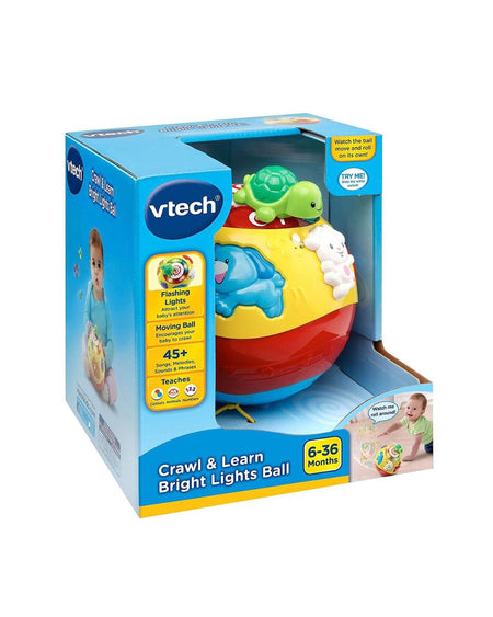 Vtech Crawl & Learn Bright Lights Ball toy in its original blue and yellow retail packaging, featuring a red and yellow ball with blue and green animal figures.