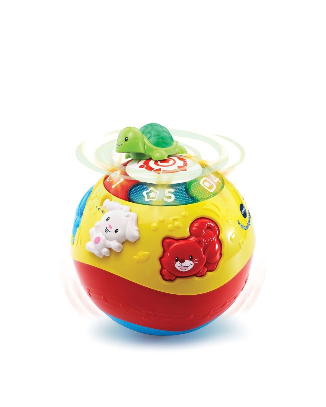 A VTech Crawl & Learn Bright Lights Ball toy with a yellow top, red bottom, blue base, and cartoon animal figures shown on a white background with motion blur effects.