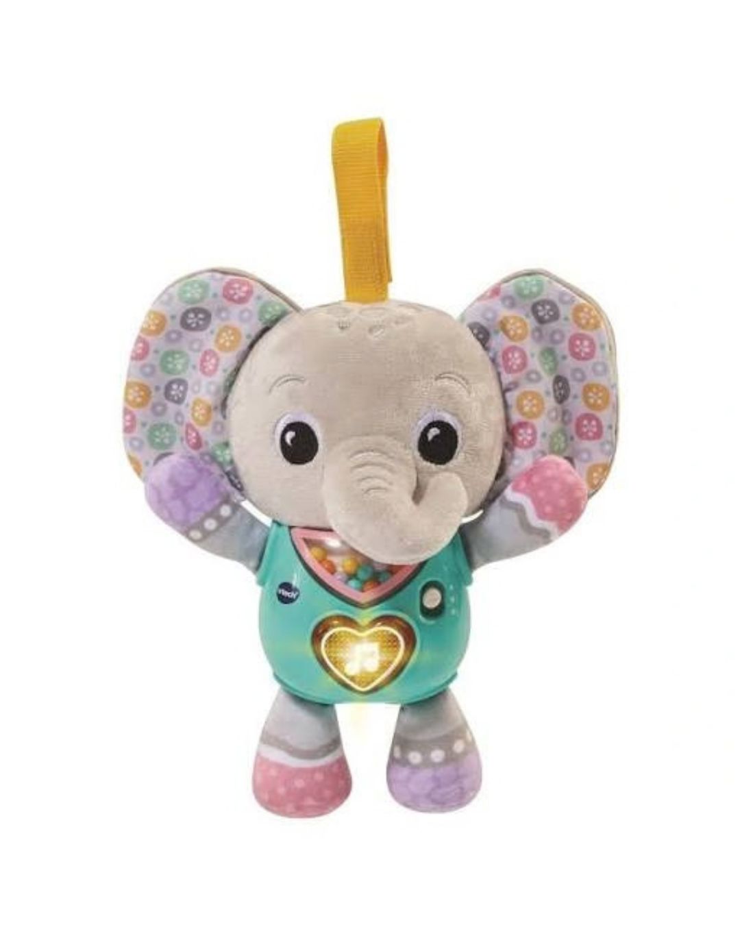 VTech Cuddle & Sing Elephant plush toy with patterned ears, a yellow hanging loop, and a turquoise outfit with a glowing heart on the chest, set against a plain white background.
