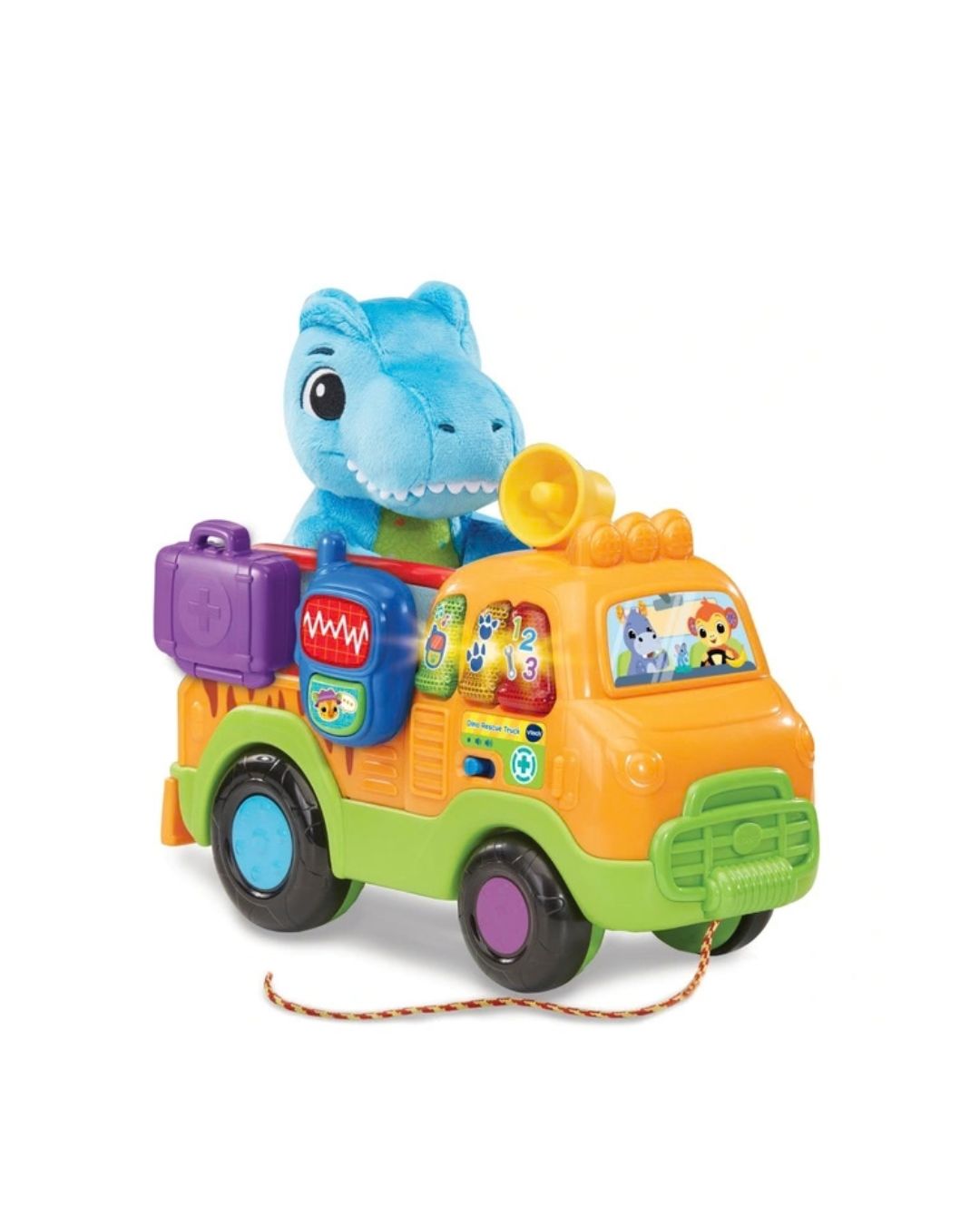 A VTech Dino Rescue Truck with a plush blue dinosaur driver, shown on a clean white background. The toy truck is primarily orange and green with purple, blue, and black accents, and includes a pull string.