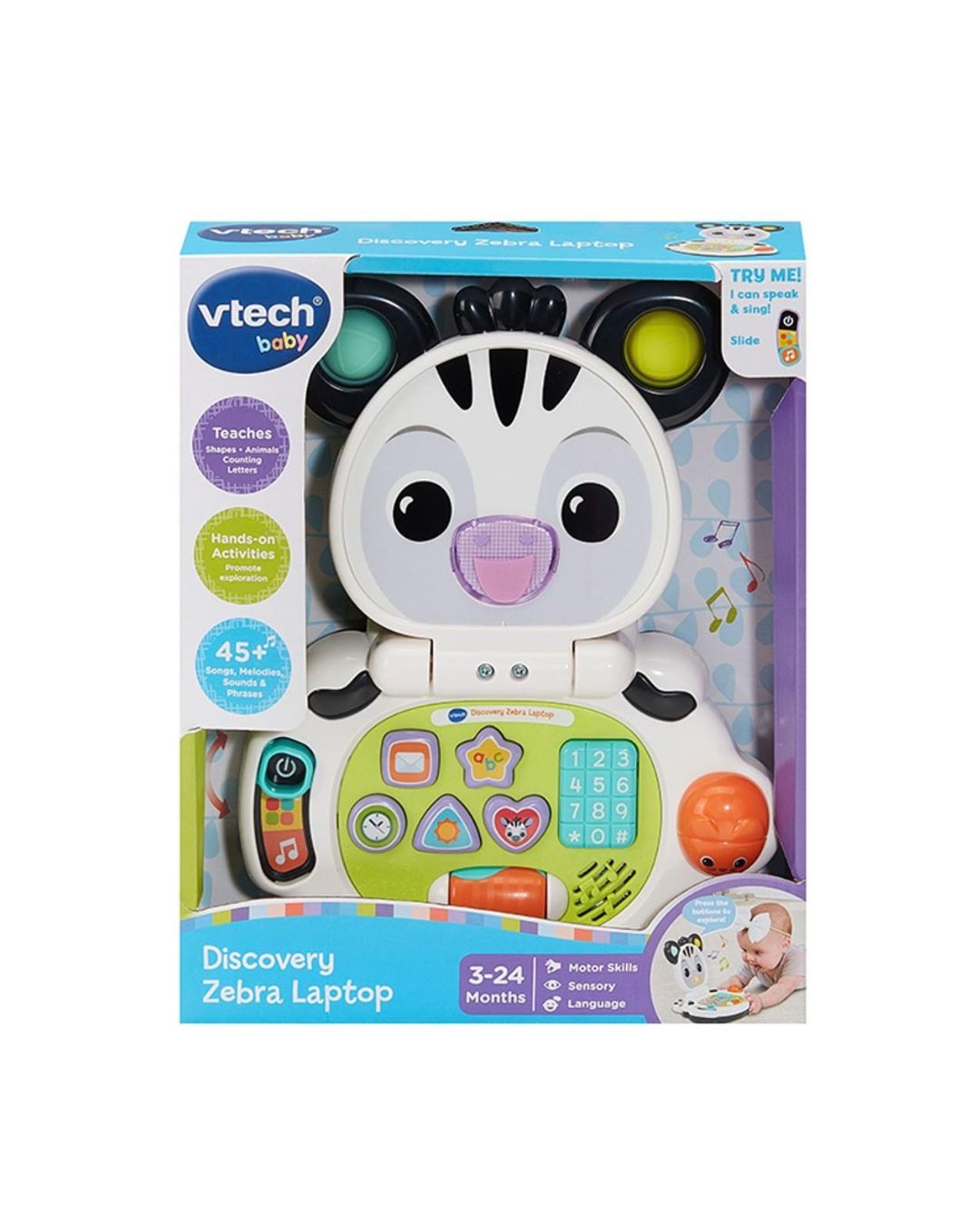 VTech Baby Discovery Zebra Laptop toy in its original retail packaging, featuring a zebra face and colorful keypad design.