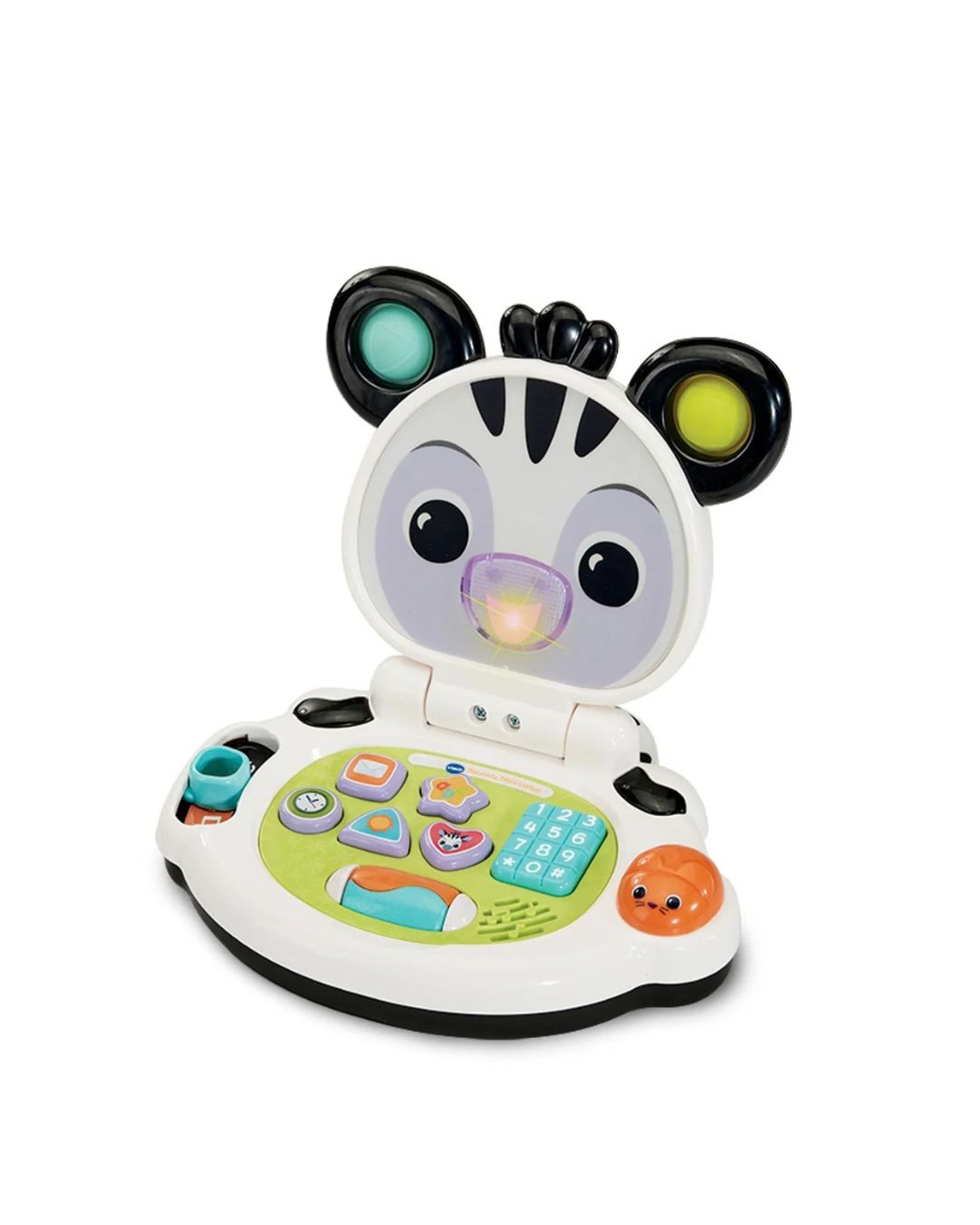 VTech Baby Discovery Zebra Laptop toy  featuring a zebra themed laptop with a colourful keypad design and buttons.