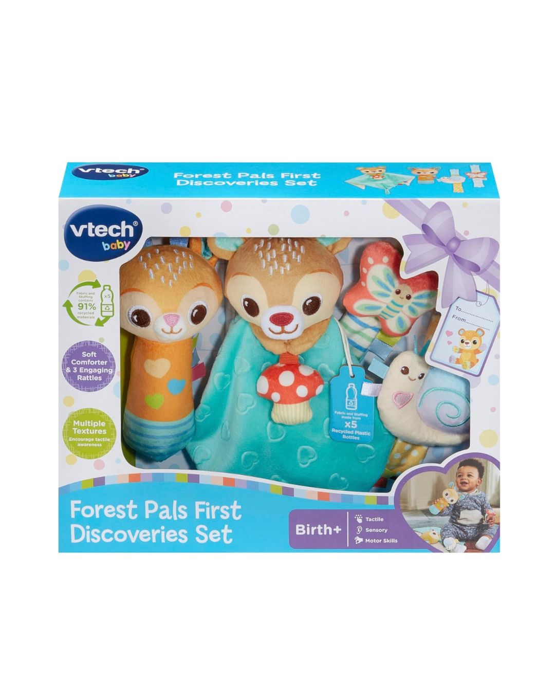 VTech Baby Forest Pals First Discoveries Set in its original retail packaging, featuring plush forest animal toys including a deer, butterfly, mushroom, and snail.
