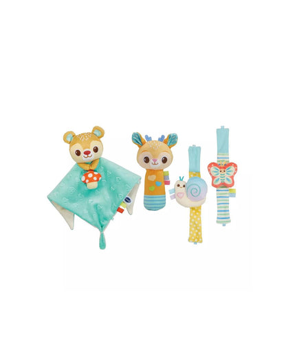 A VTech Forst Pals First Discoveries Set toys featuring a plush bear with a mint green fabric cover, a colorful deer rattle, a yellow giraffe snail and butterfly wristlet straps, all arranged on a plain white background.
