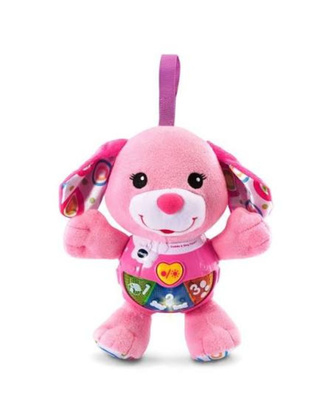 VTech Little Singing Puppy pink plush toy with colorful activity panels on the belly, photographed on a plain white background.