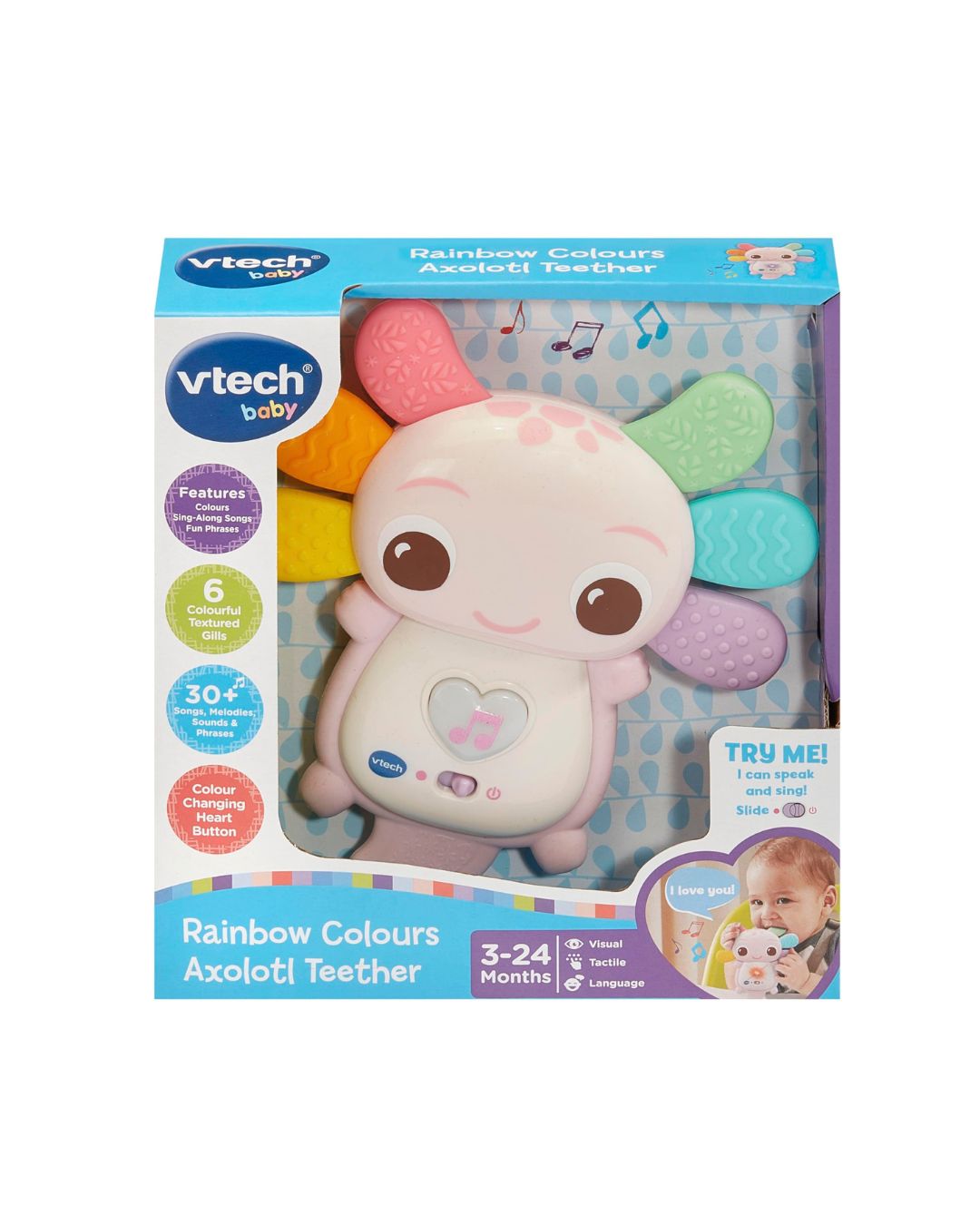 VTech Baby Rainbow Colours Axolotl Teether in its original retail packaging, featuring a pink axolotl toy with colorful rainbow fins and a changing music box.