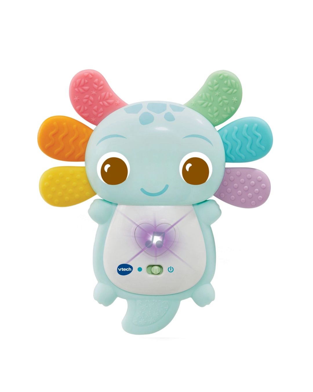 VTech Rainbow Colours Axolotl Teether light-up sensory toy with multicolored textured flippers and a glowing purple chest light, shown on a white background.