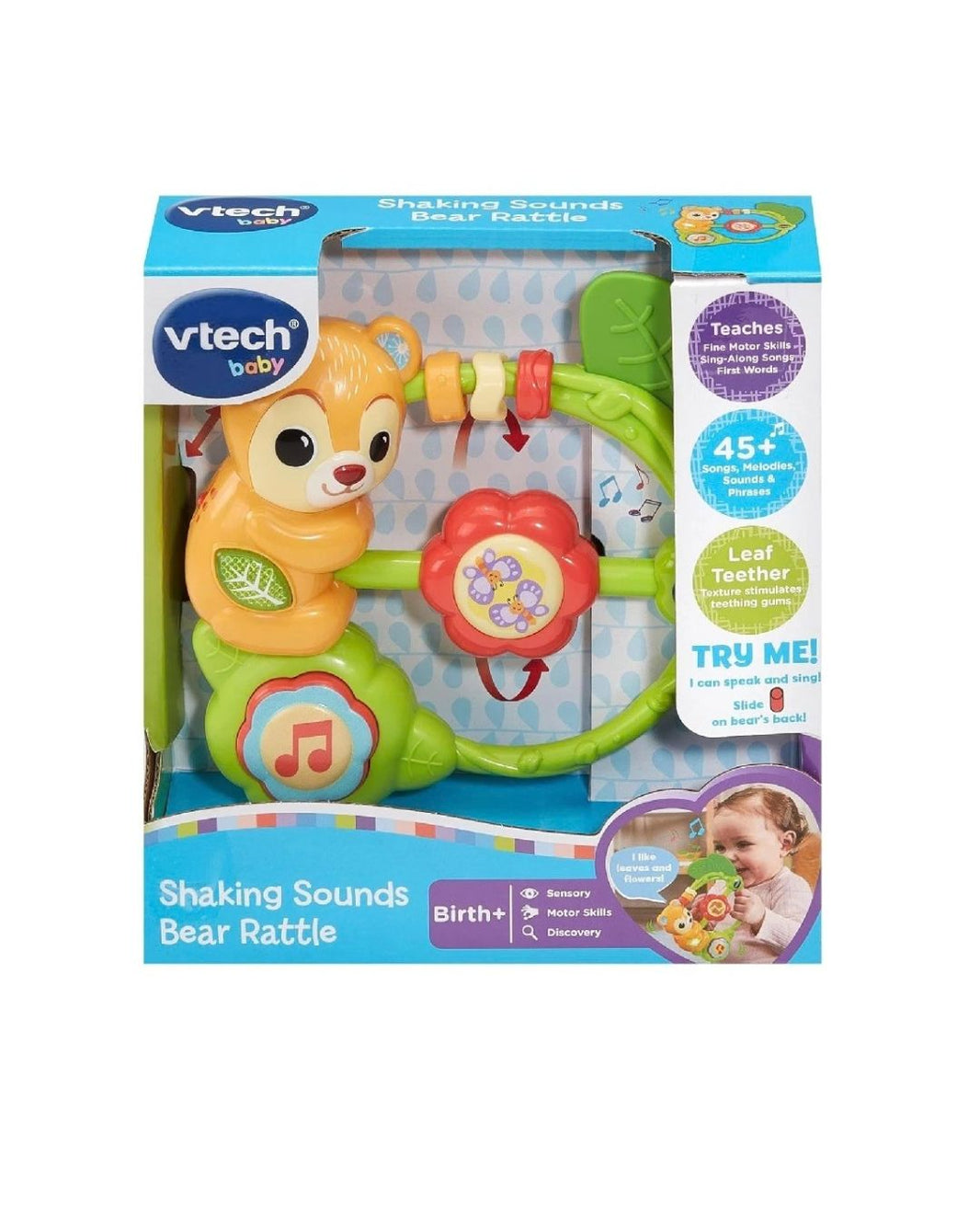 VTech Baby Shaking Sounds Bear Rattle in its original retail packaging, featuring a colorful toy with a green handle, orange bear, and red rattle.