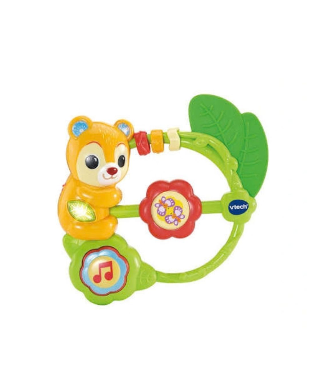VTech Shaking Sounds Bear Rattle toy with a green leaf and arched handle, featuring a yellow-orange squirrel, a red flower, and a green music note.