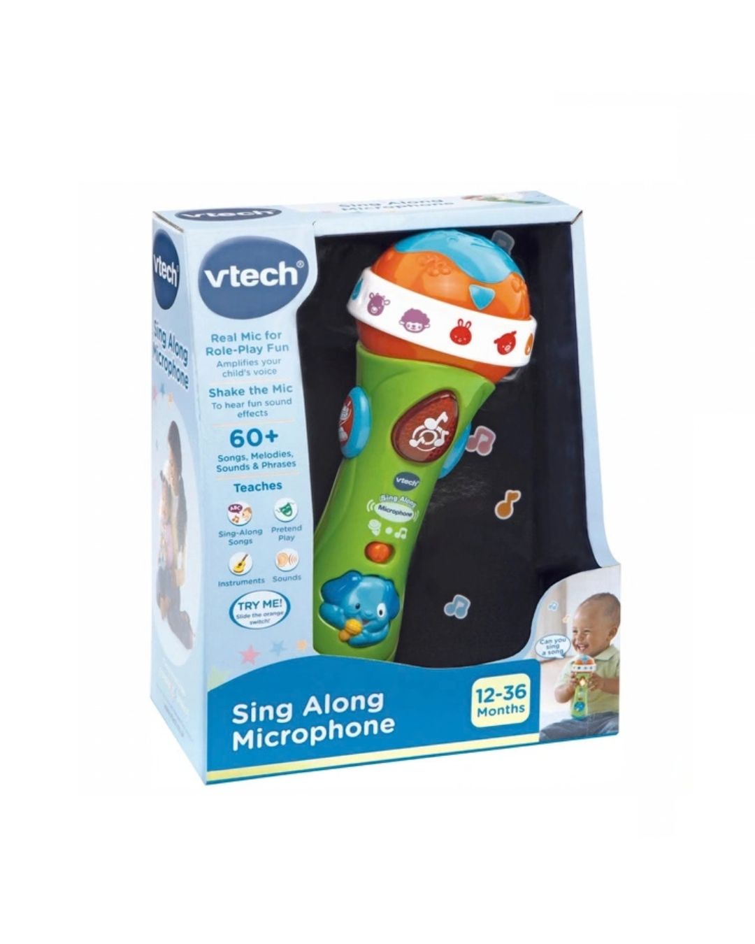 VTech Sing Along Microphone toy in its original retail packaging, featuring a green microphone with colorful animal faces and a blue globe on top.