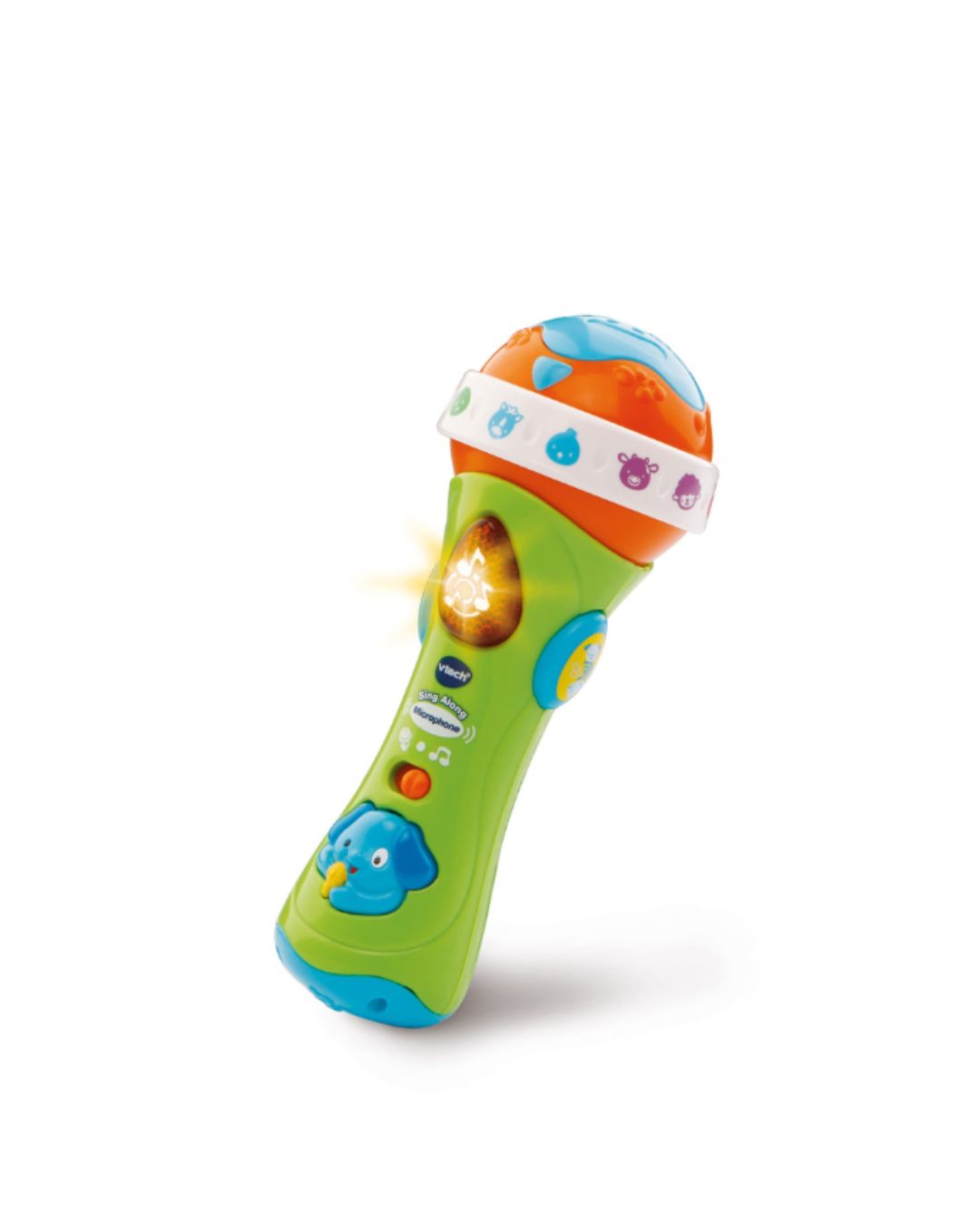 VTech toy sing along microphone in green, orange, blue, and white, with a light turned on, on a white background.