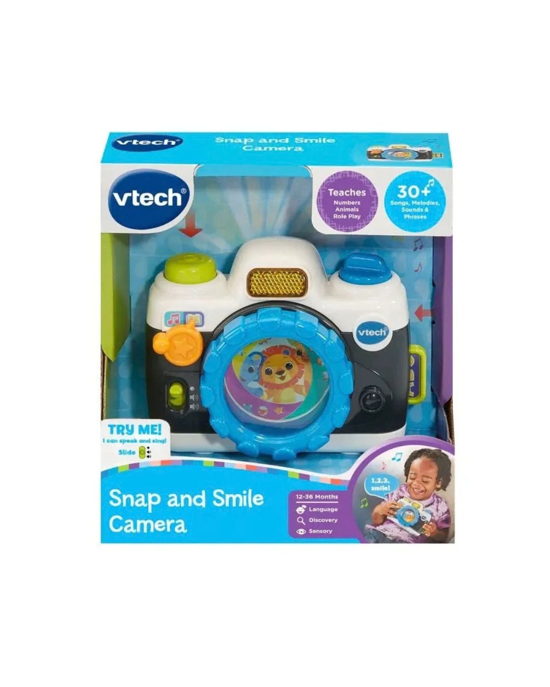 Vtech Snap and Smile Camera toy in its original retail packaging, featuring a white and blue toy camera with colorful buttons and a smiling bear face on the lens.
