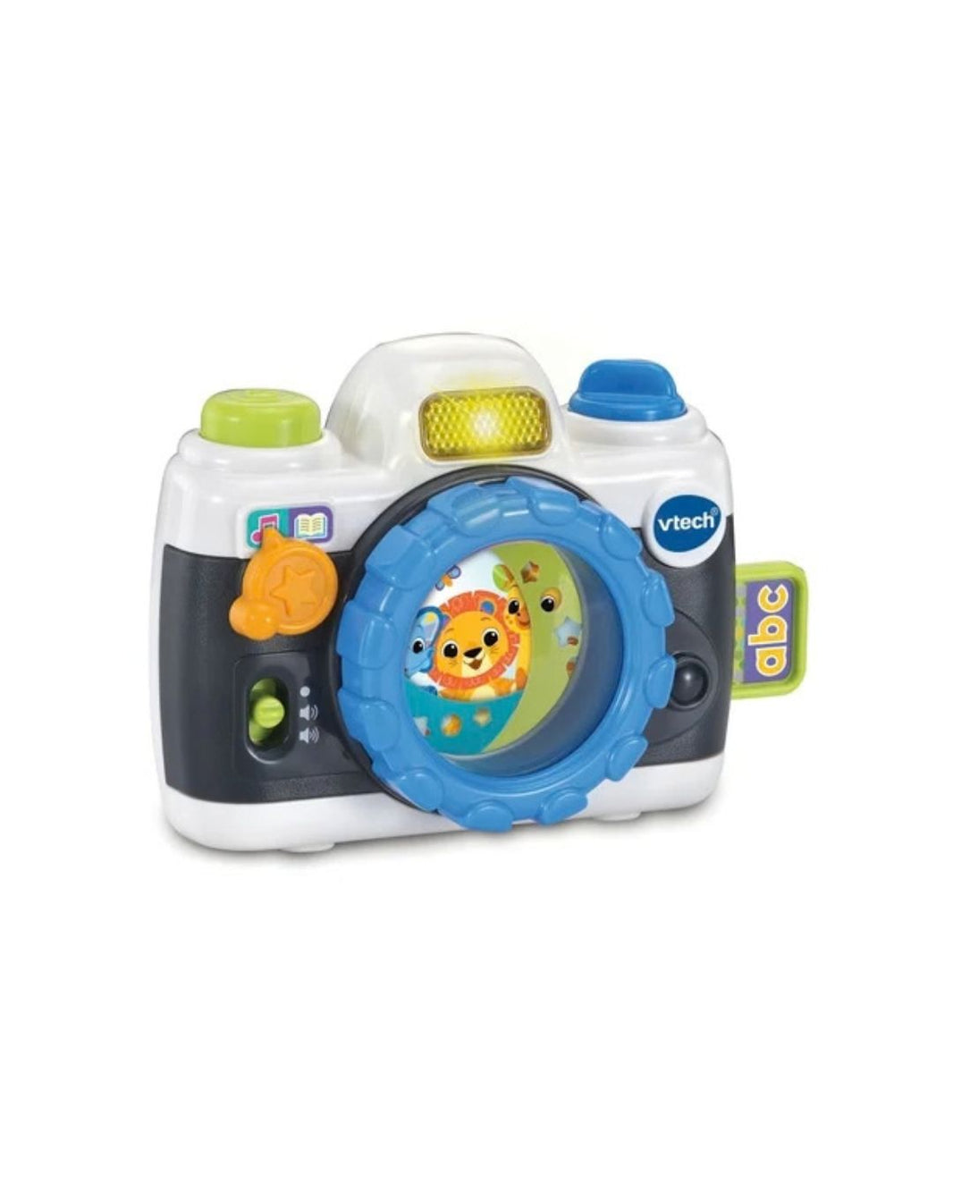 Vtech snap and smile camera activity toy with colorful buttons, a blue circular lens, and a lion face graphic, on a white background.