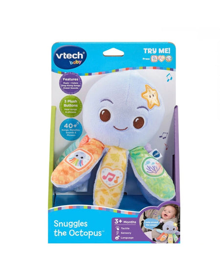 VTech Baby Snuggles the Octopus retail packaging, featuringthe octopus plush toy, features and variety of button settings for tactile, senroy and language interaction