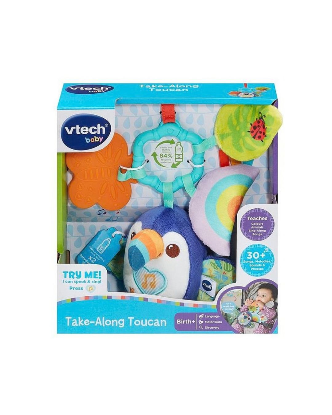 VTech Take-Along Toucan baby rattle in its original retail packaging, on a white background featuring the various rattle options for language, discovery and motor skill development. 