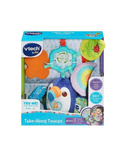 VTech Take-Along Toucan baby rattle in its original retail packaging, on a white background featuring the various rattle options for language, discovery and motor skill development. 