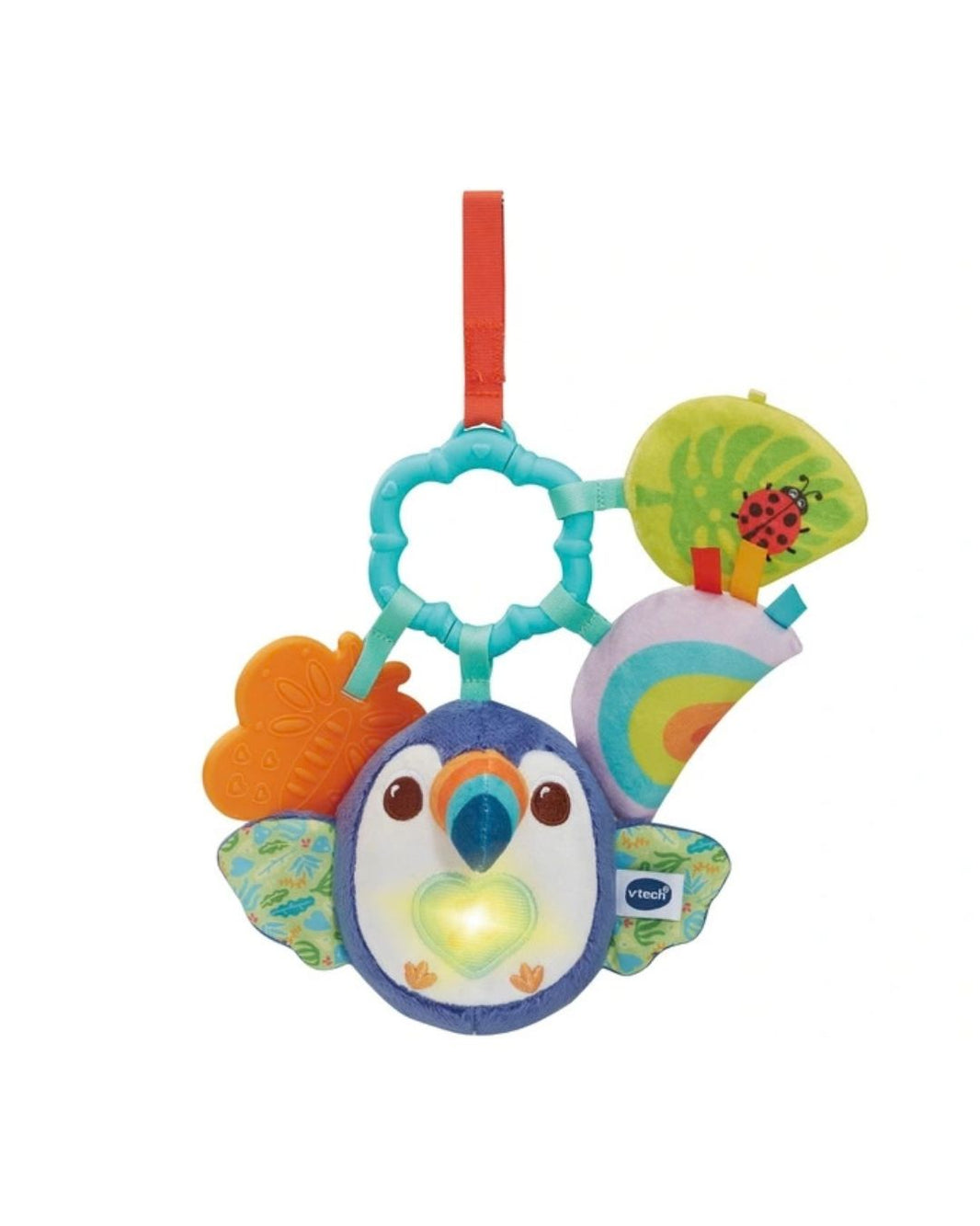 VTech Take-Along Toucan baby rattle in on a white background featuring the product various rattle options for language, discovery and motor skill development. 