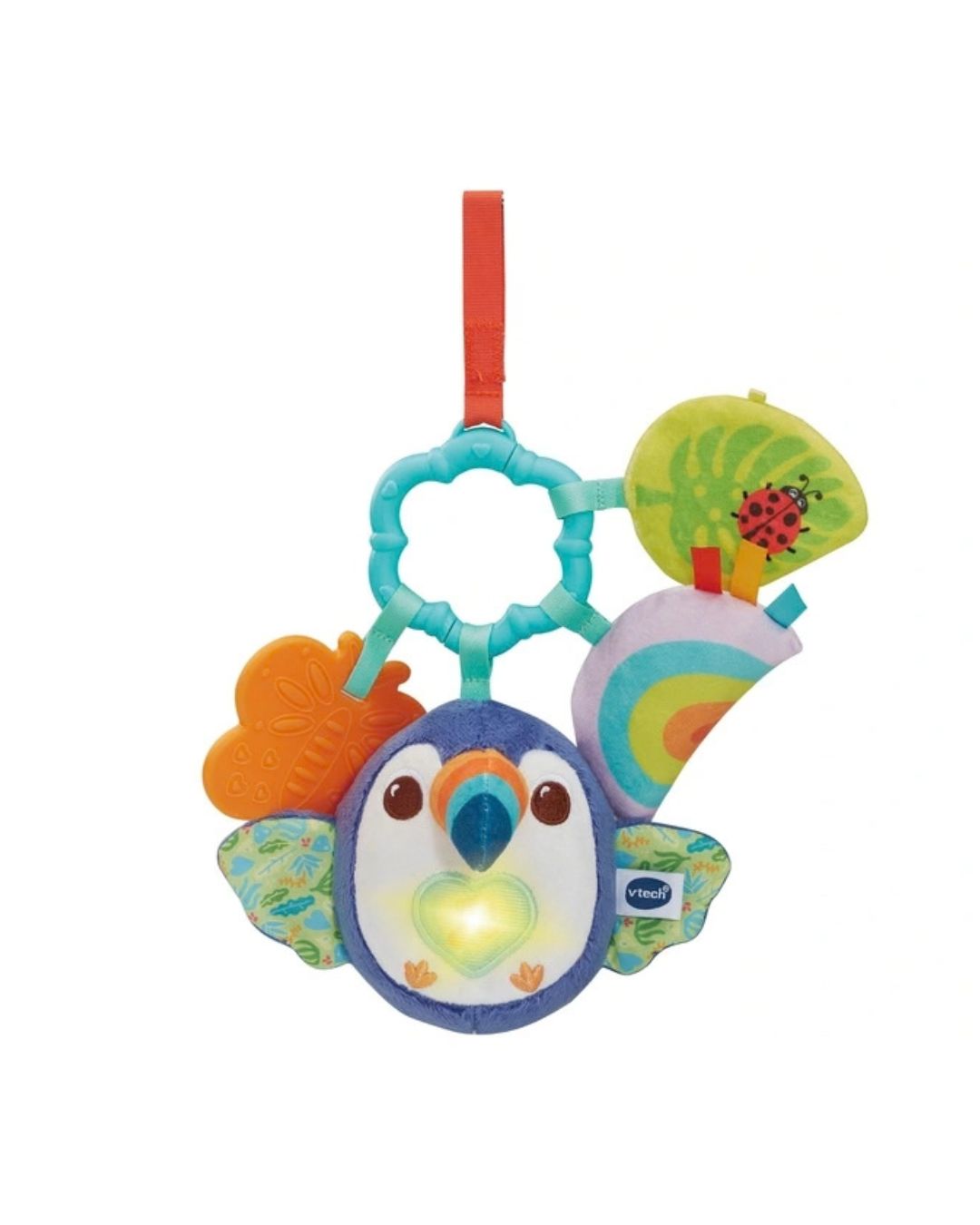 VTech Take-Along Toucan baby rattle in on a white background featuring the product various rattle options for language, discovery and motor skill development. 