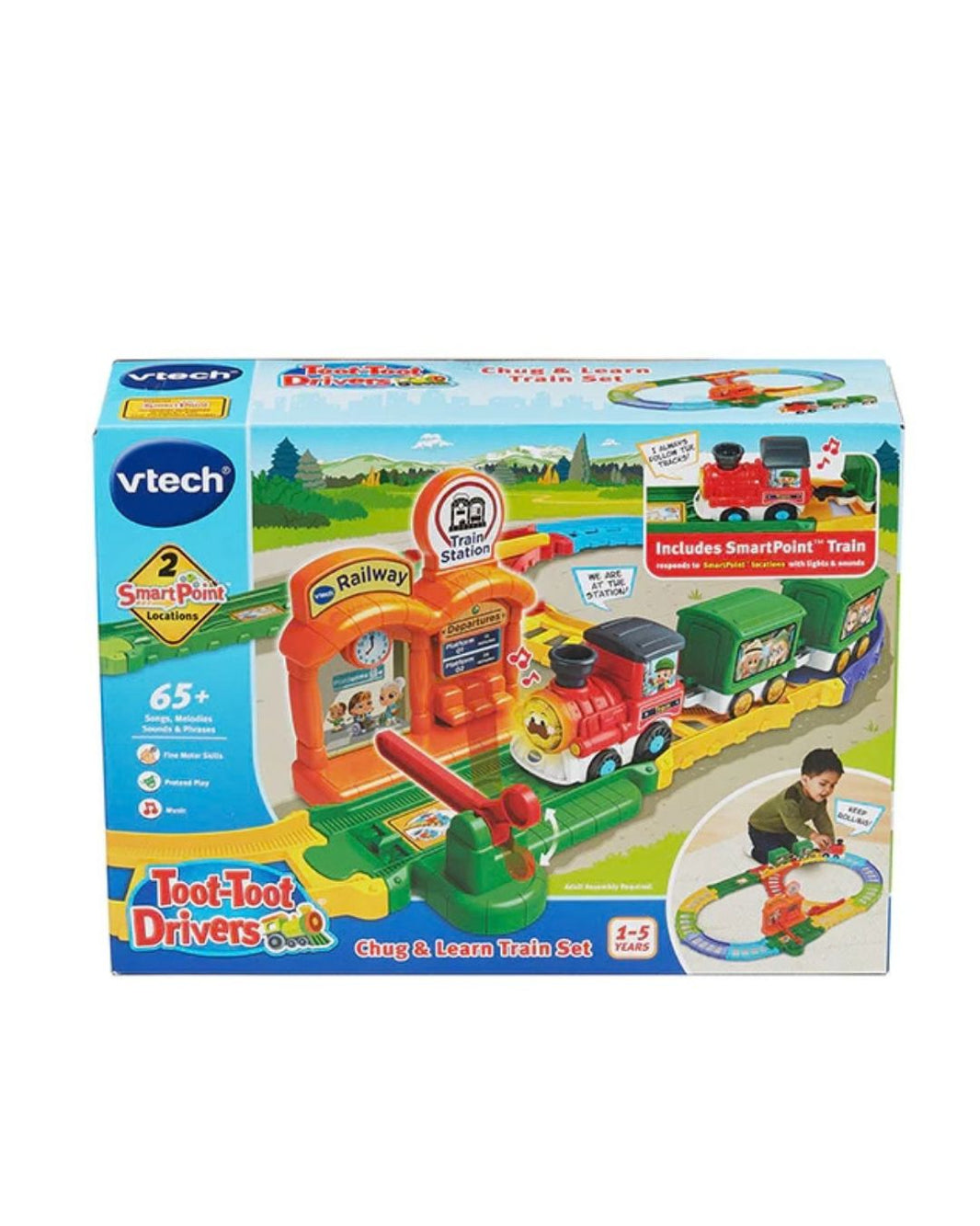 Vtech Toot-Foot Drivers Churg Learn Train Set in its original retail packaging, featuring a colorful toy train, station, and tracks on a white background.