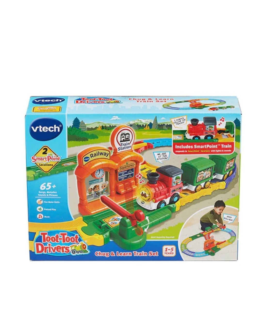 Vtech Toot-Foot Drivers Churg Learn Train Set in its original retail packaging, featuring a colorful toy train, station, and tracks on a white background.