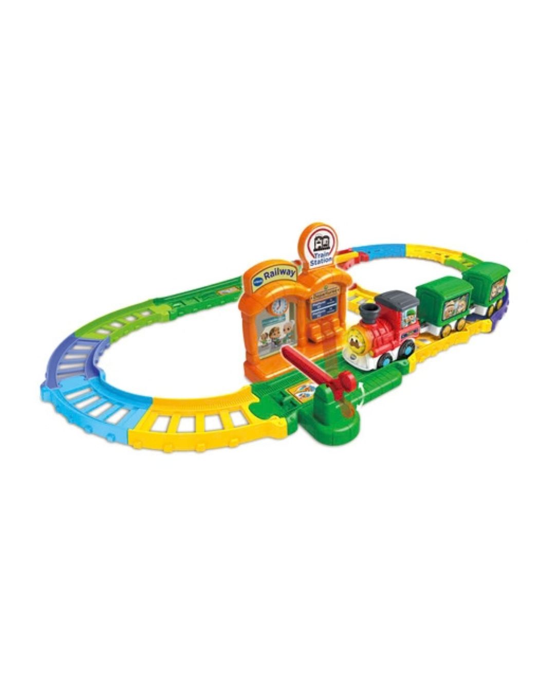 Vtech Toot-Foot Drivers Churg Learn Train out of its retail packaging featuring a colorful toy train track and station on a white background. 