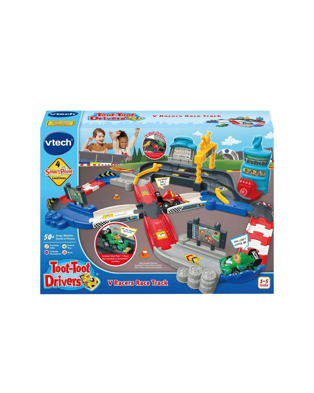 Vtech Tool-Toot DriversVRacers Race Track toy set in its original retail packaging, featuring a detailed layout of a race track with multiple colorful elements.