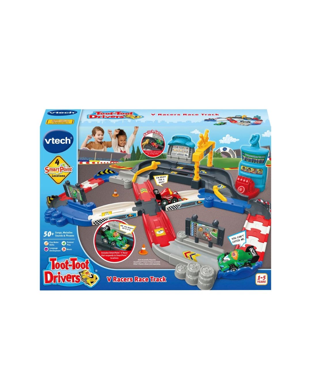 Vtech Tool-Toot DriversVRacers Race Track toy set in its original retail packaging, featuring a detailed layout of a race track with multiple colorful elements.