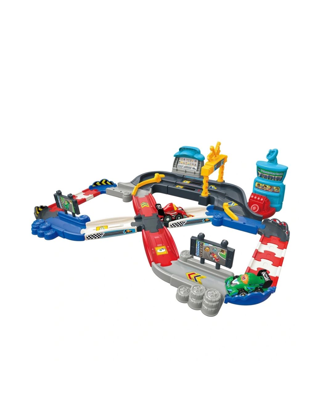 Vtech Tool-Toot DriversVRacers Race Track toy set featuring a detailed layout of a race track with multiple colorful elements and various toy cars.
