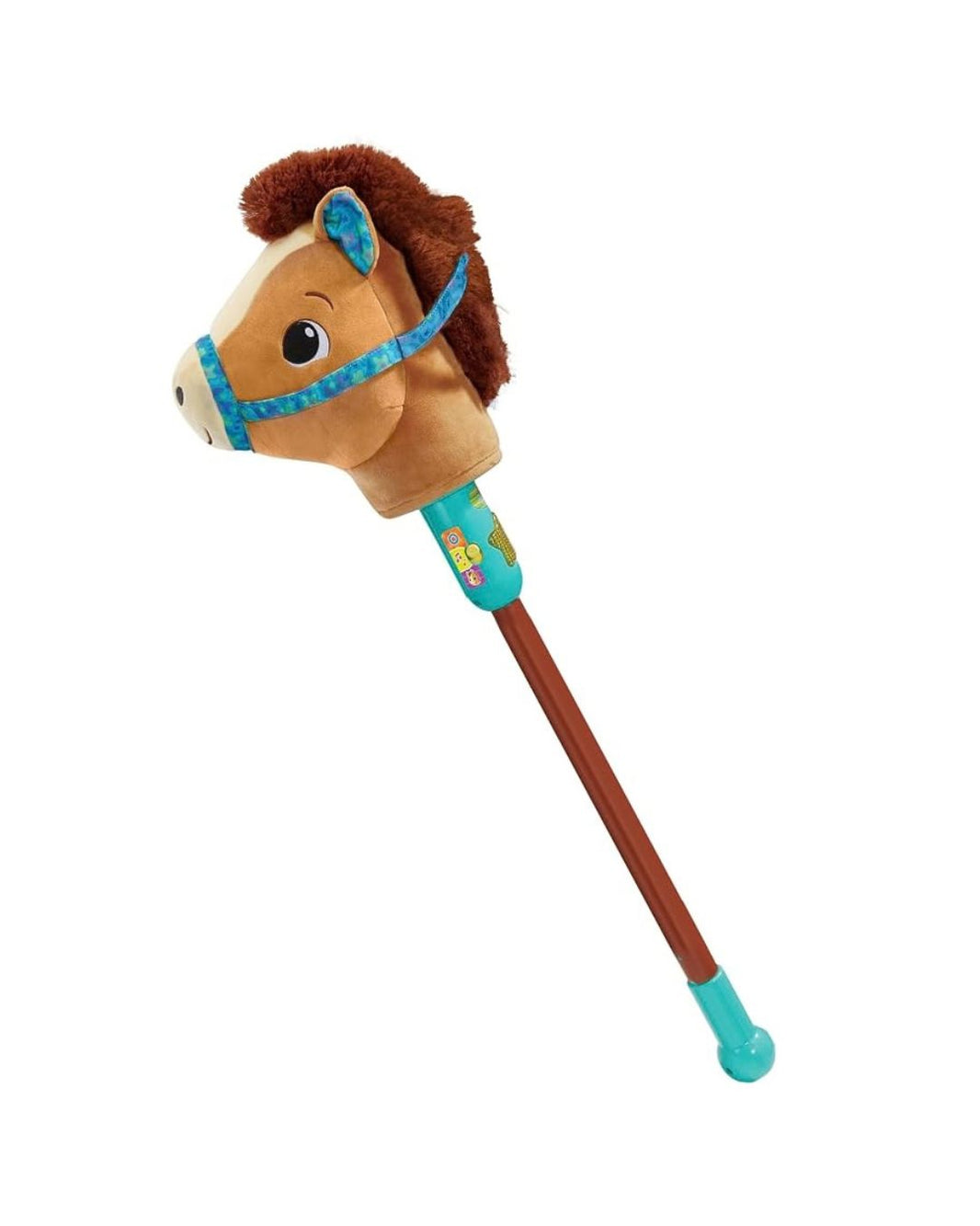 VTech Trotting Tunes Hobby Horse plush toy on a long brown stick with turquoise accents, shown against a plain white background.