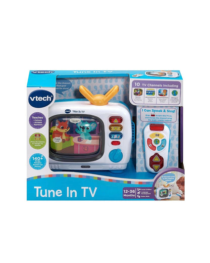 Vtech Tune In TV toy set in its original retail packaging, featuring a white toy television with a yellow antenna, a colorful remote control, and product details printed on the box.