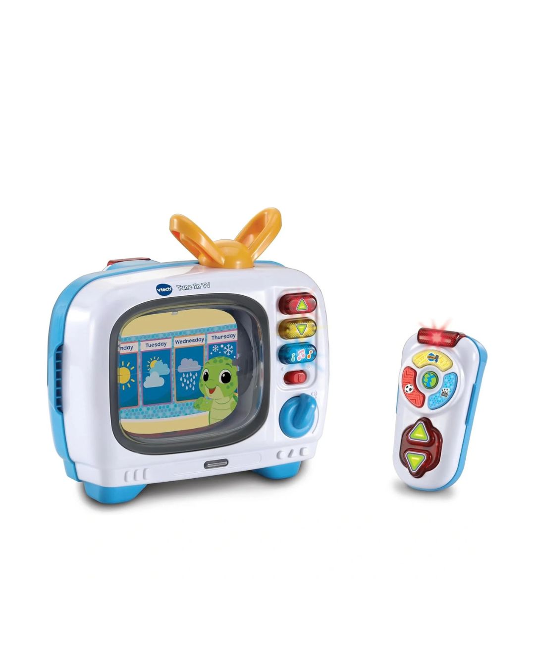 A VTech toy Tune In television with a matching remote control, shown on a clean white background. The toy TV is white with light blue sides and feet, featuring a yellow antenna, colorful buttons, and a screen displaying a cartoon frog.