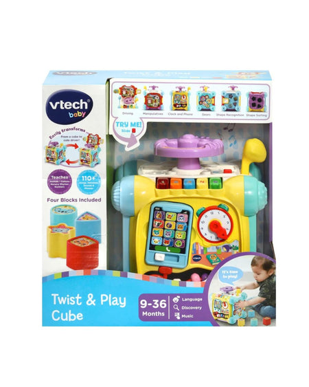 VTech baby Twist & Play Cube featured in its official retail packaging, with four blocks included for language, discovery and music: situated on a white background.