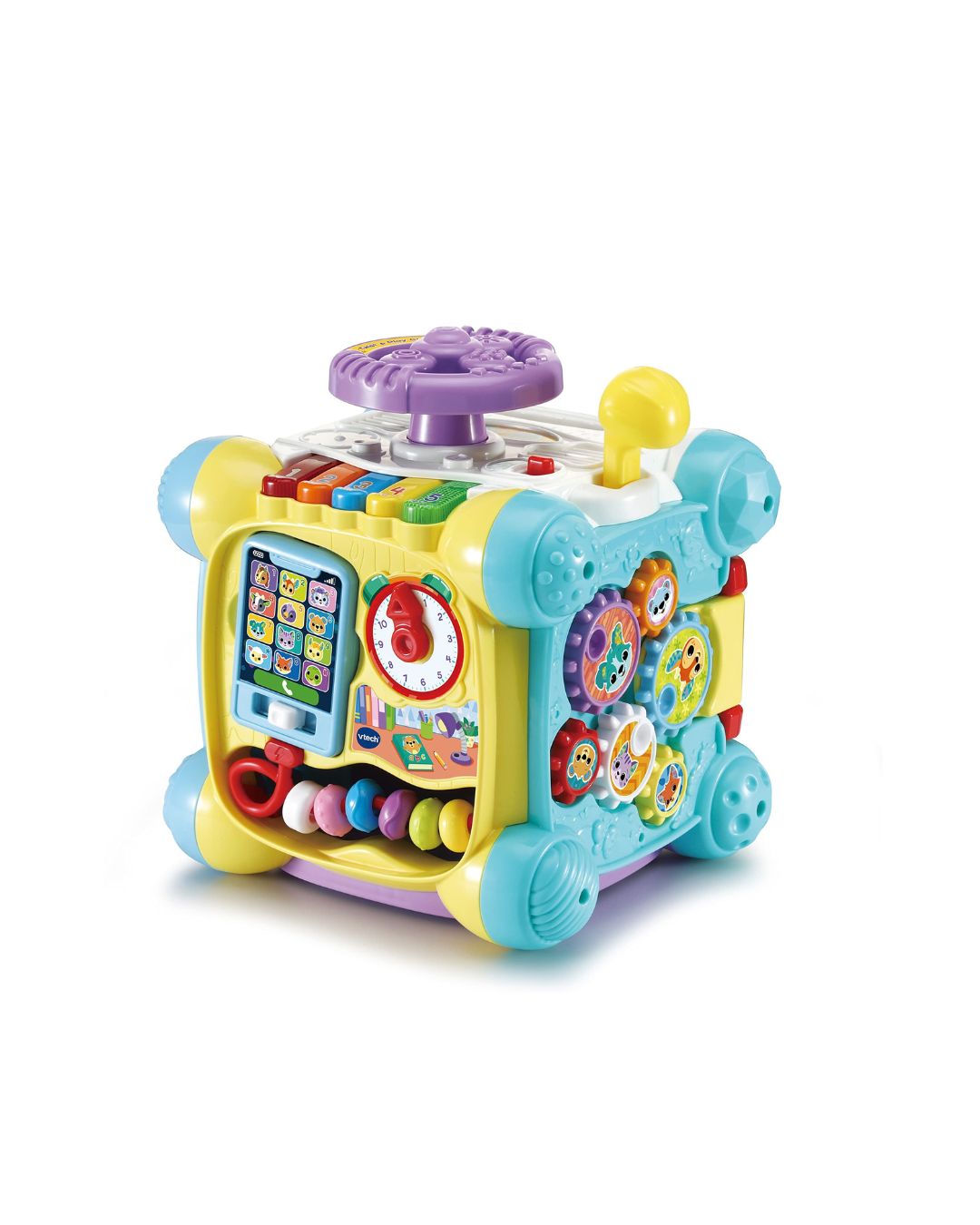 VTech baby Twist & Play activity cube toy with multiple interactive features including a mini clock, phone, gears, and a steering wheel, shown on a plain white background.