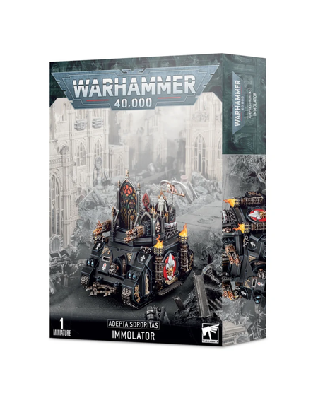 Warhammer 40k: Adepta Sororitas Immolator miniature kit in front of plain white background.