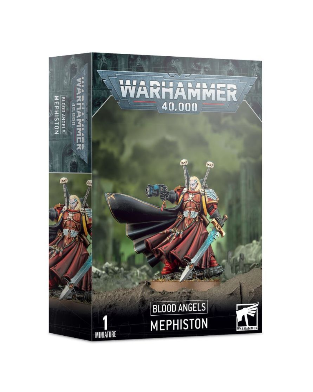 Warhammer 40,000 Blood Angels Mephiston miniature box, featuring a detailed illustration of the white-haired angel miniature in red and black armor on a dark, atmospheric background.