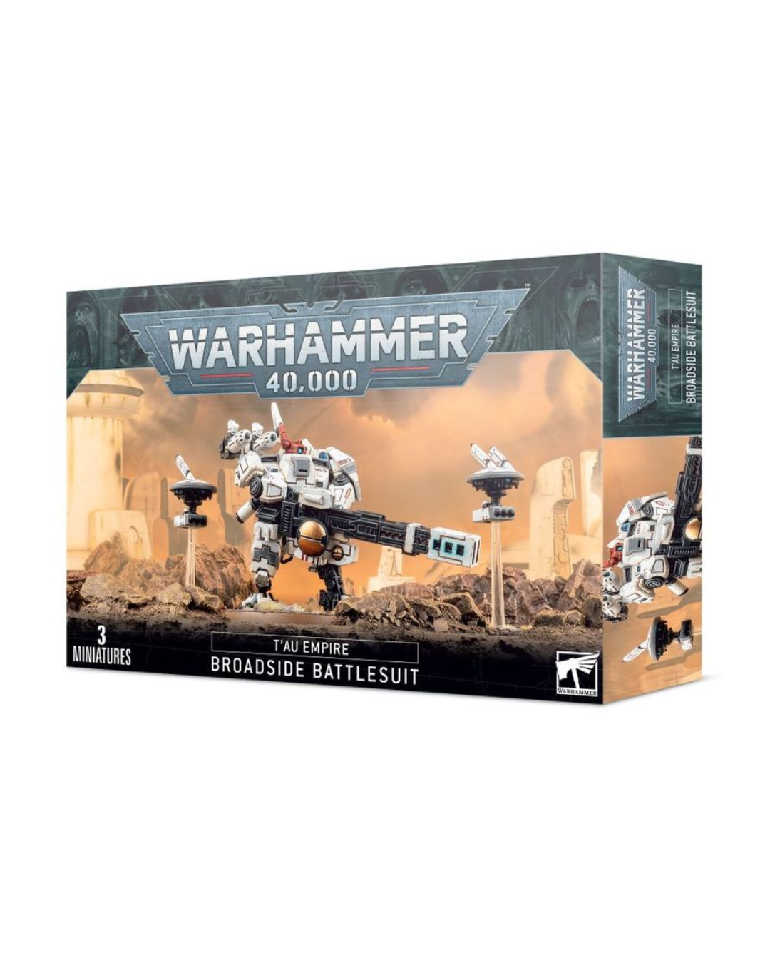 Warhammer 40,000 Broadside Battlesuit miniatures box set, featuring a sci-fi armored vehicle design on a desert battlefield scene with white and gray tanks, black and orange text, and the Warhammer 40,000 logo.