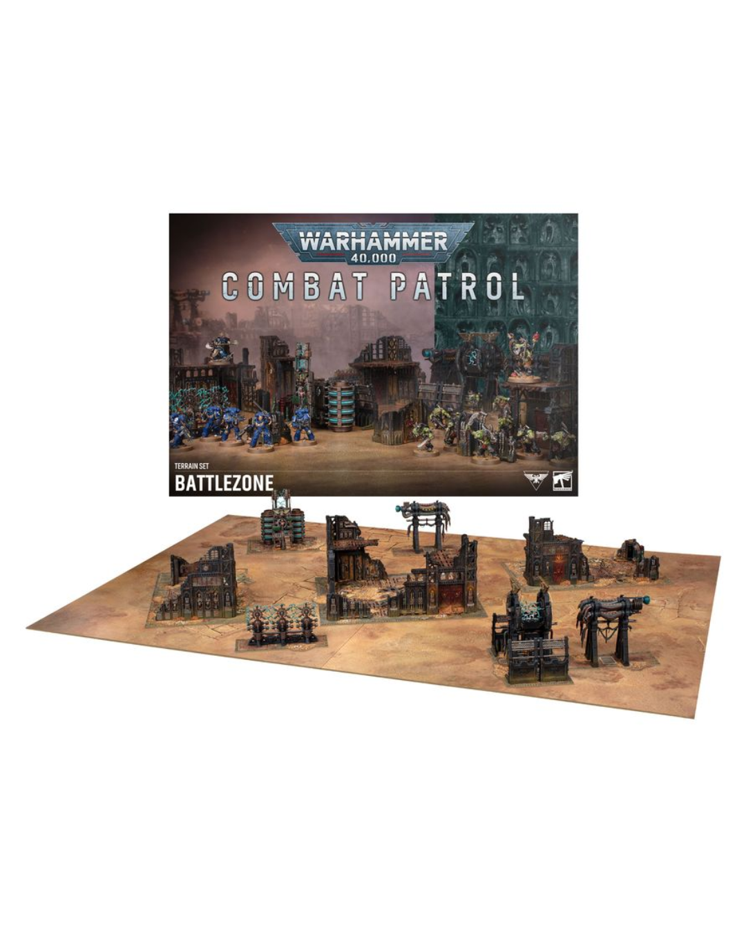 Warhammer 40k Battlezone Combat Patrol miniatures and terrain set displayed on a tan battle mat, with the product box shown above on a white background.